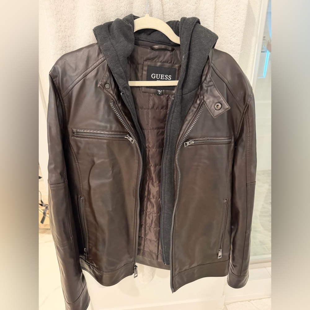 Men’s GUESS Dark Brown Leather Bomber Jacket